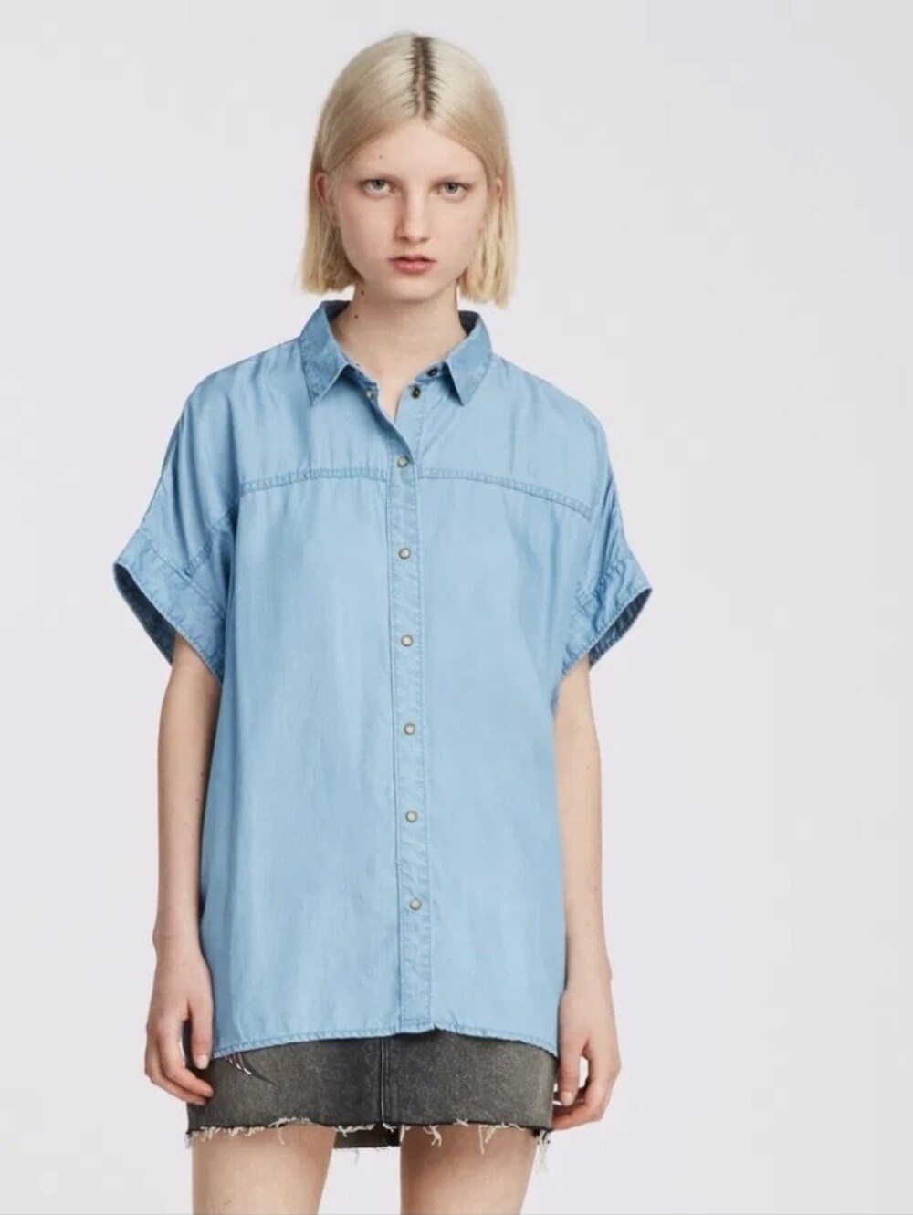 All Saints Light Blue Denim-Style Short Sleeve Shirt